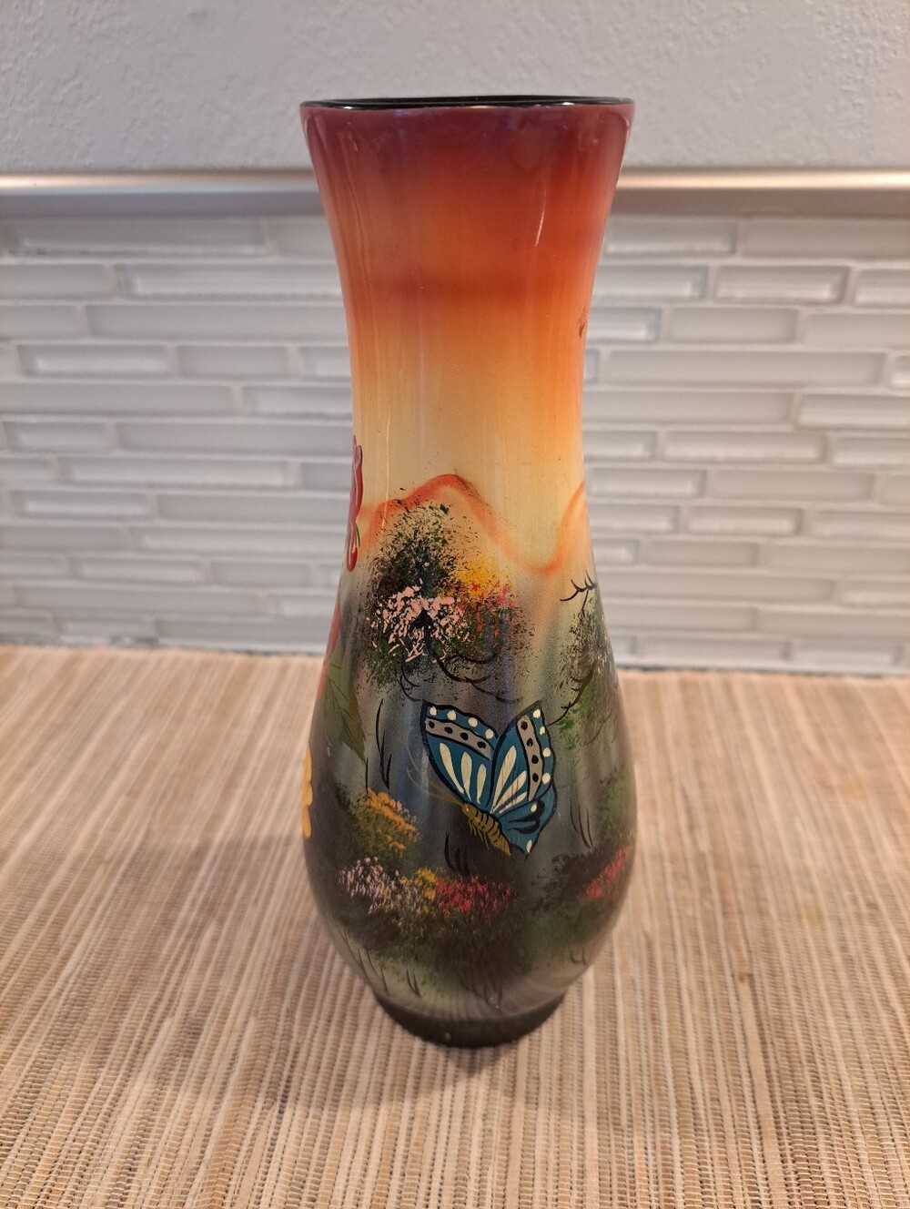 Hand Painted Oriental Style Wood Vase Mountains Flowers 8" Tall Vietnam - Picture 2 of 6